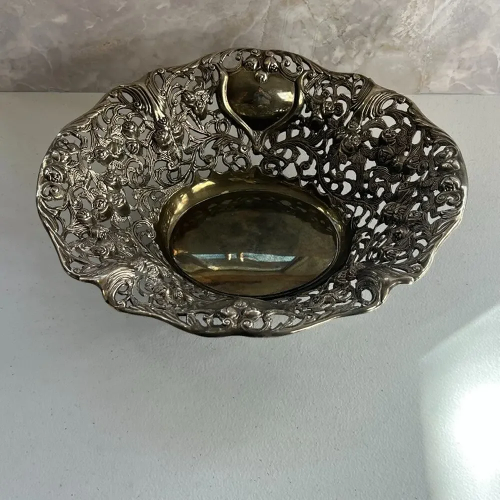 Vintage Silver Color Metal Art Ornate Repousse Victorian Bread Serving Bowl